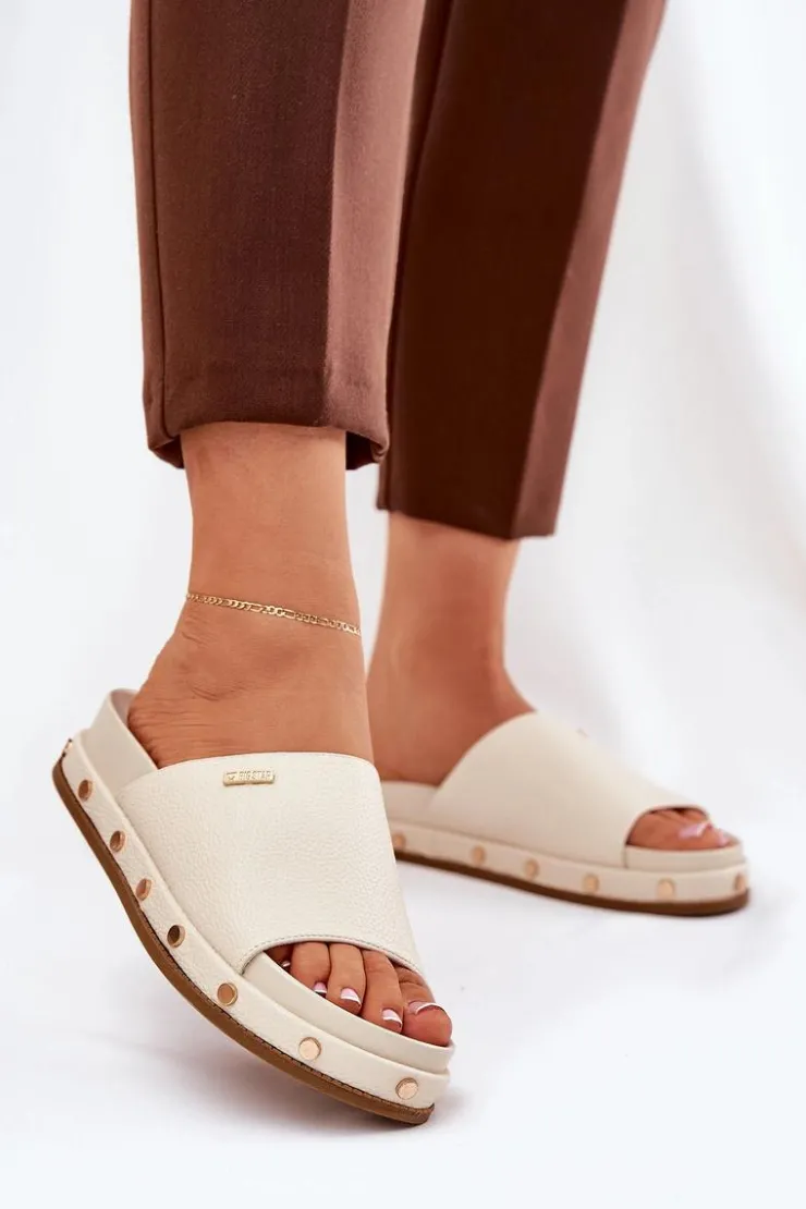 Big Star Shoes Klapki Damskie Big Star|Klapki Na Platformie*Klapki Damskie Na Platformie Z Ćwiekami Big Star RR274215 Beżowe Beżowy