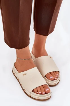 Big Star Shoes Klapki Damskie Big Star|Klapki Na Platformie*Klapki Damskie Na Platformie Z Ćwiekami Big Star RR274215 Beżowe Beżowy