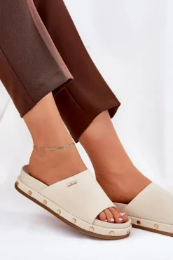 Big Star Shoes Klapki Damskie Big Star|Klapki Na Platformie*Klapki Damskie Na Platformie Z Ćwiekami Big Star RR274215 Beżowe Beżowy