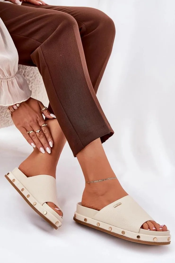 Big Star Shoes Klapki Damskie Big Star|Klapki Na Platformie*Klapki Damskie Na Platformie Z Ćwiekami Big Star RR274215 Beżowe Beżowy