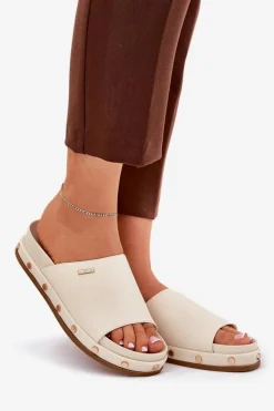 Big Star Shoes Klapki Damskie Big Star|Klapki Na Platformie*Klapki Damskie Na Platformie Z Ćwiekami Big Star RR274215 Beżowe Beżowy