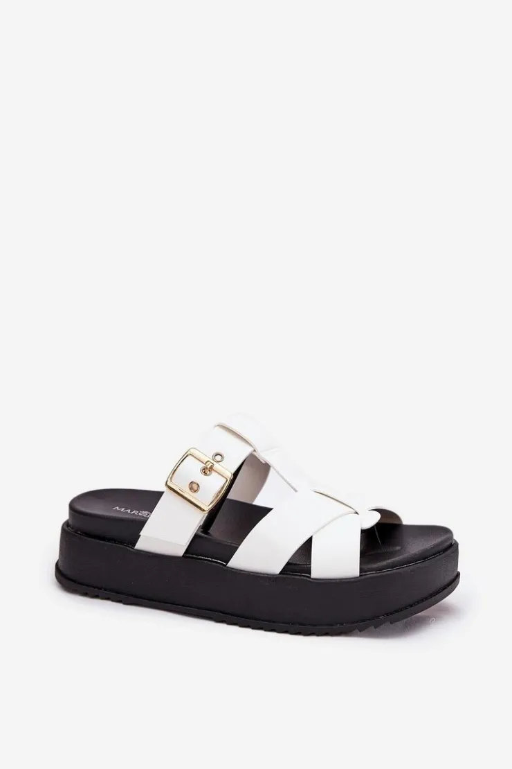 Outlet Boto Klapki Damskie Na Platformie Z Paskami I Klamrą Białe Elimessa