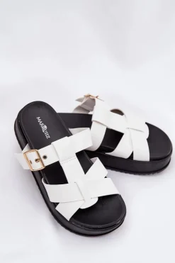 Outlet Boto Klapki Damskie Na Platformie Z Paskami I Klamrą Białe Elimessa