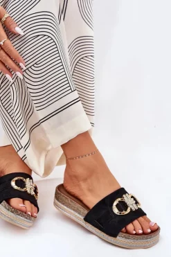 Damskie Boto Klapki Damskie Na Platformie Z Brokatem I Złotą Ozdobą Czarne Rilirea