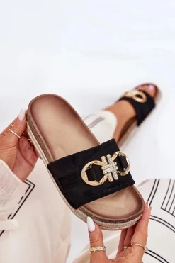 Damskie Boto Klapki Damskie Na Platformie Z Brokatem I Złotą Ozdobą Czarne Rilirea