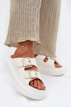 Boto Klapki Na Platformie|Klapki Damskie Klasyczne*Klapki Damskie Na Platformie Ze Złotymi Klamrami Ecru Zorila