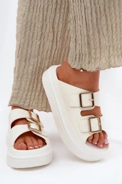 Boto Klapki Na Platformie|Klapki Damskie Klasyczne*Klapki Damskie Na Platformie Ze Złotymi Klamrami Ecru Zorila