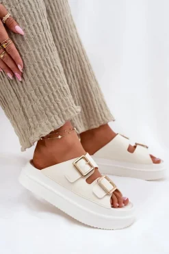 Boto Klapki Na Platformie|Klapki Damskie Klasyczne*Klapki Damskie Na Platformie Ze Złotymi Klamrami Ecru Zorila