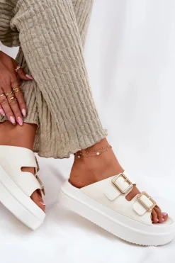 Boto Klapki Na Platformie|Klapki Damskie Klasyczne*Klapki Damskie Na Platformie Ze Złotymi Klamrami Ecru Zorila