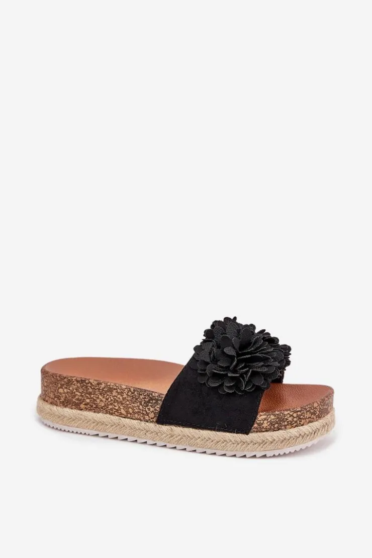 Hot Boto Klapki Damskie Na Platformie Z Ozdobnymi Kwiatkami Czarne Tessara Czarny