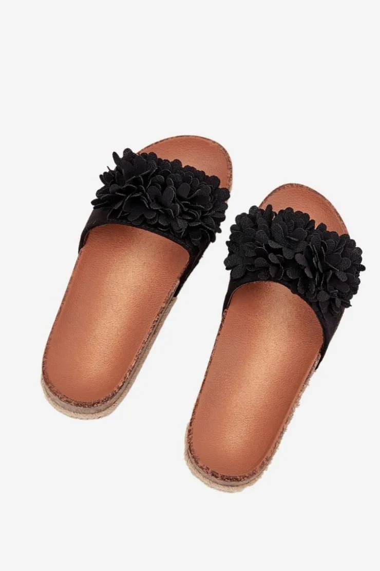 Hot Boto Klapki Damskie Na Platformie Z Ozdobnymi Kwiatkami Czarne Tessara Czarny