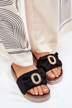 Damskie Boto Klapki Damskie Na Platformie Z Kokardką I Ozdobną Broszką Czarne Lenela