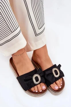 Damskie Boto Klapki Damskie Na Platformie Z Kokardką I Ozdobną Broszką Czarne Lenela