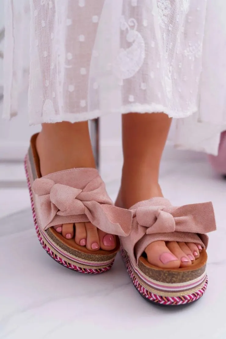 Sale Boto Klapki Damskie Na Platformie Z Kokardą Różowe Chantal