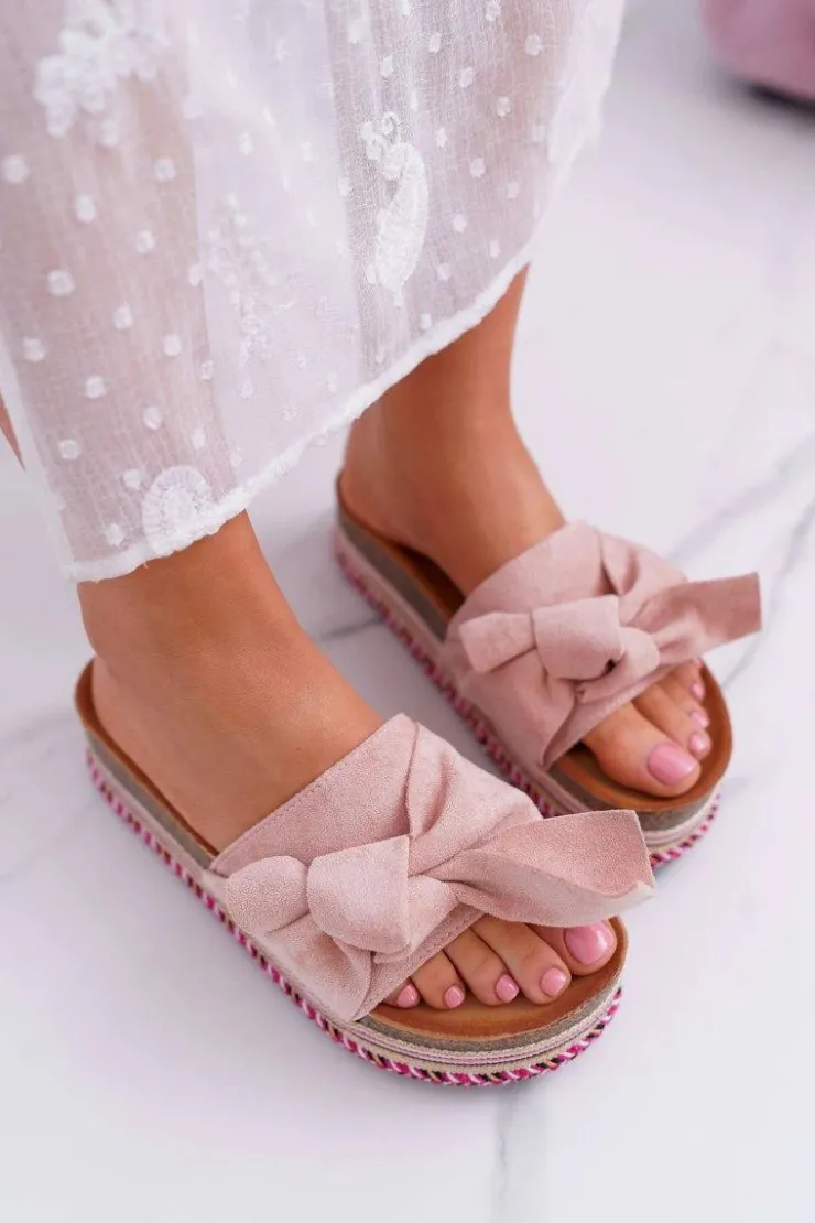 Sale Boto Klapki Damskie Na Platformie Z Kokardą Różowe Chantal