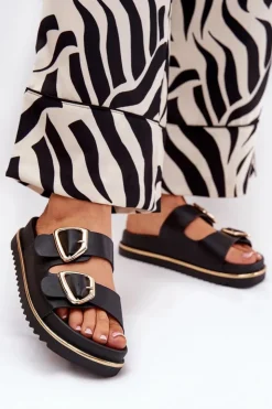 Boto Klapki Na Platformie|Klapki Damskie Klasyczne*Klapki Damskie Na Platformie Ze Złotymi Klamrami Czarne Tersele