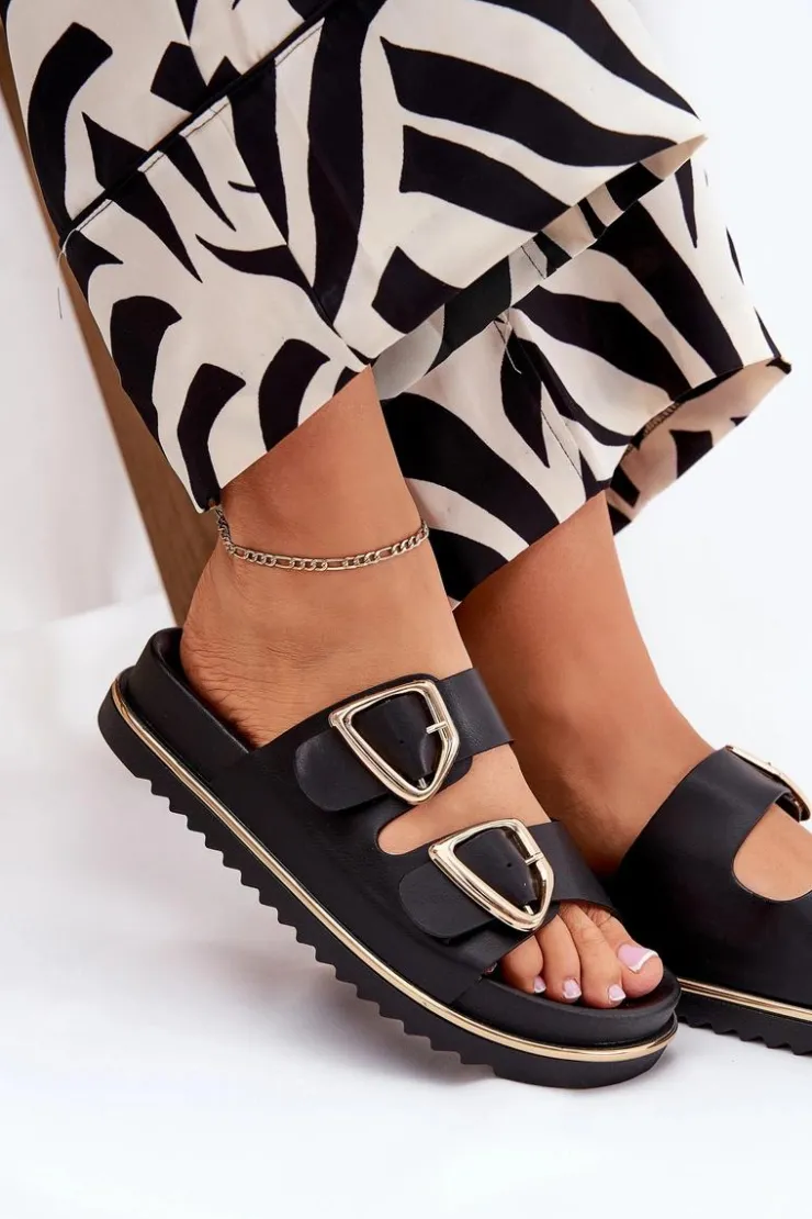 Boto Klapki Na Platformie|Klapki Damskie Klasyczne*Klapki Damskie Na Platformie Ze Złotymi Klamrami Czarne Tersele