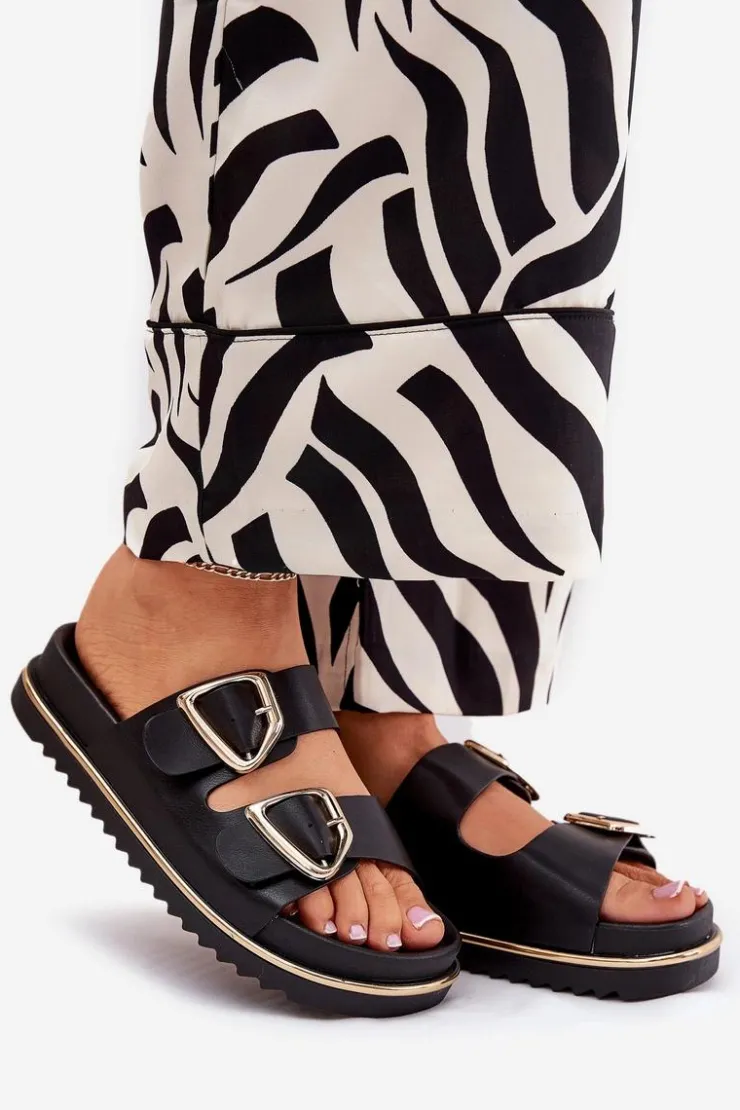 Boto Klapki Na Platformie|Klapki Damskie Klasyczne*Klapki Damskie Na Platformie Ze Złotymi Klamrami Czarne Tersele