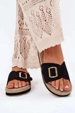 Boto Klapki Damskie Na Platformie Ze Złotą Klamrą Czarne Selira Czarny