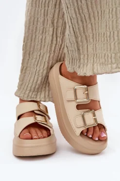 Boto Klapki Damskie Na Platformie Ze Złotymi Klamrami Beżowe Zorila