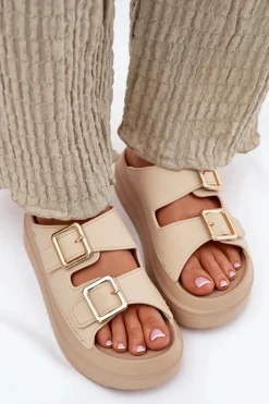 Boto Klapki Damskie Na Platformie Ze Złotymi Klamrami Beżowe Zorila