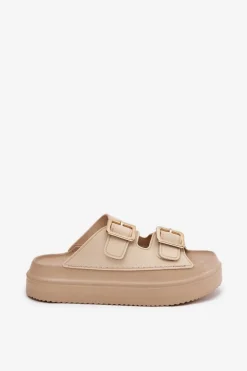 Boto Klapki Damskie Na Platformie Ze Złotymi Klamrami Beżowe Zorila