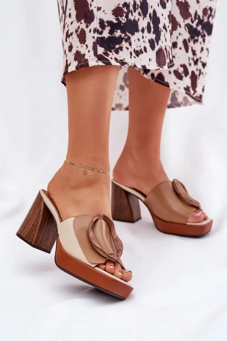 Clearance Boto Klapki Damskie Na Słupkowym Obcasie Z Klamrą Camel Amuria Brązowy