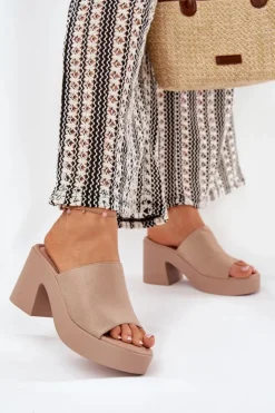 Boto Klapki Na Obcasie|Klapki Na Platformie*Klapki Damskie Na Słupku I Platformie Khaki Omeisa Beżowy