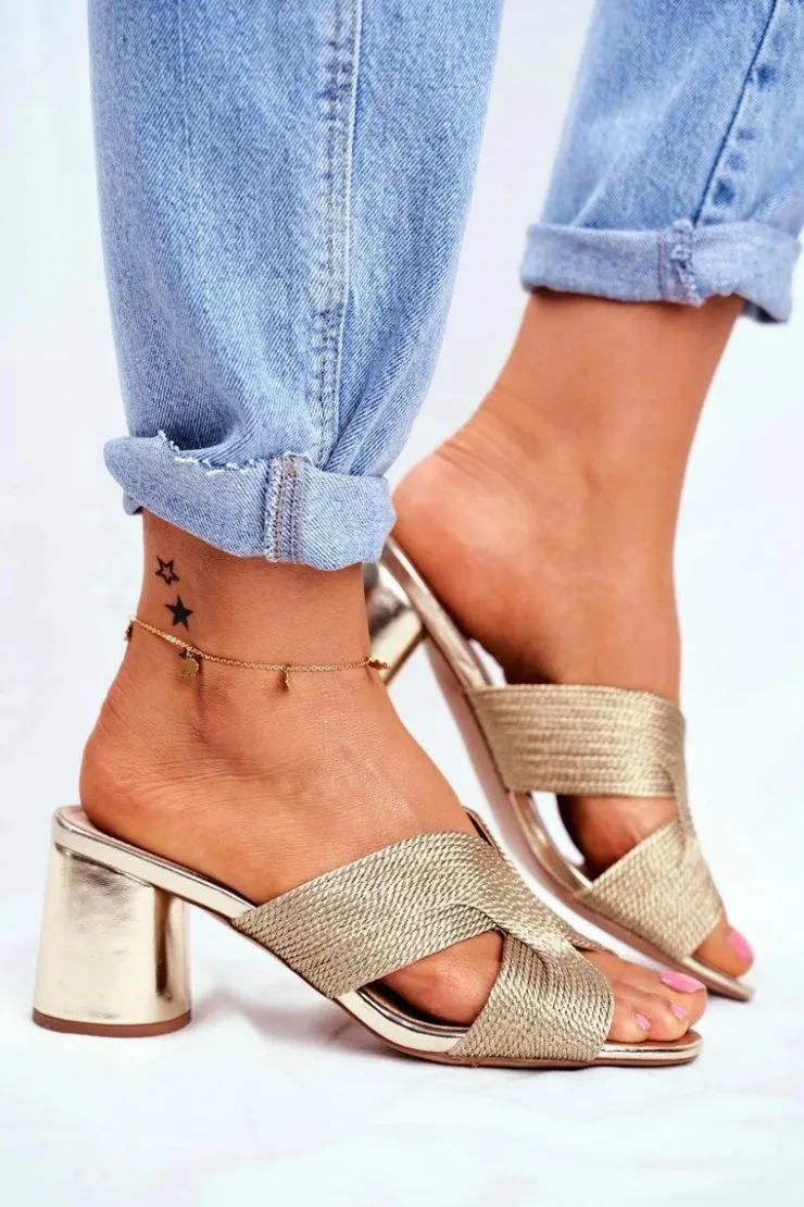 Damskie buty S.Barski Klapki Na Obcasie|Klapki Damskie Klasyczne*Klapki Damskie Na Słupku Wsuwane Złote Guest