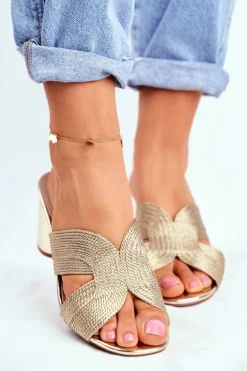 Damskie buty S.Barski Klapki Na Obcasie|Klapki Damskie Klasyczne*Klapki Damskie Na Słupku Wsuwane Złote Guest