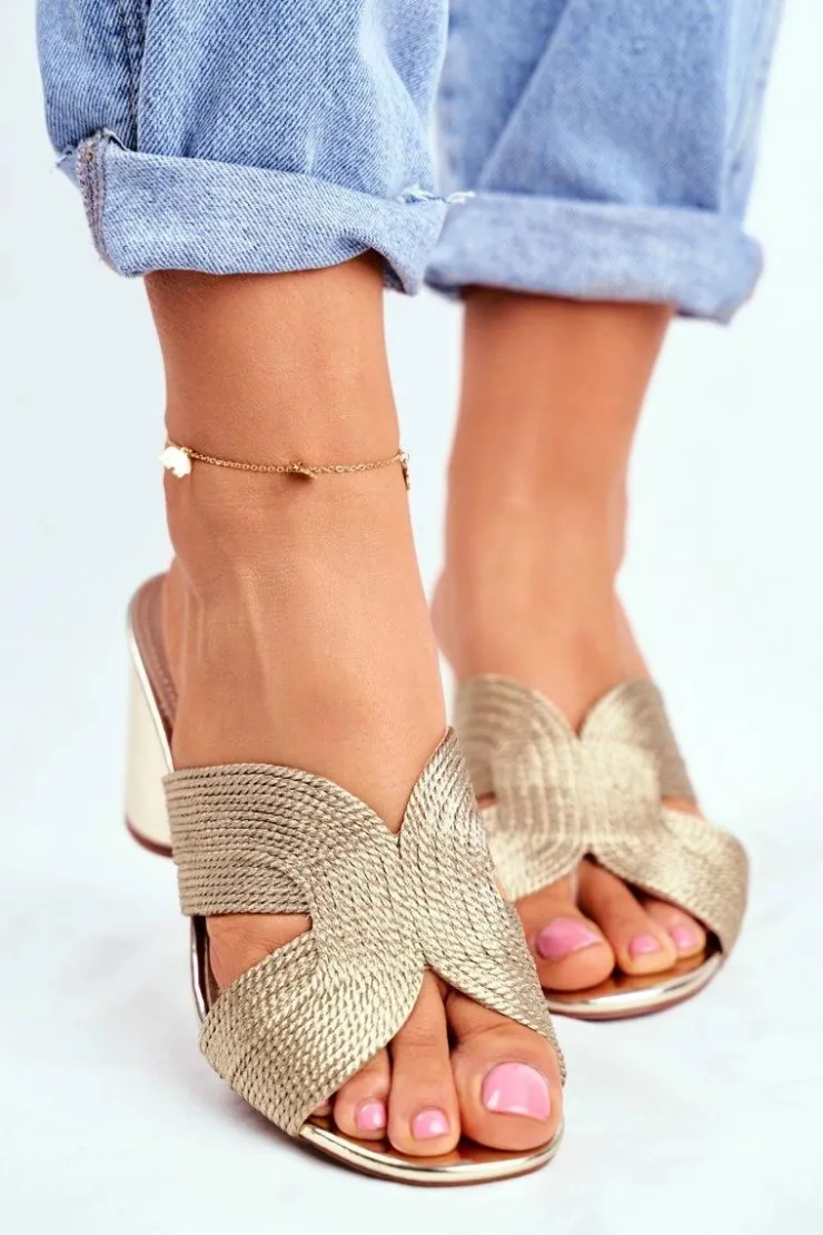 Damskie buty S.Barski Klapki Na Obcasie|Klapki Damskie Klasyczne*Klapki Damskie Na Słupku Wsuwane Złote Guest