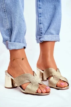 Damskie buty S.Barski Klapki Na Obcasie|Klapki Damskie Klasyczne*Klapki Damskie Na Słupku Wsuwane Złote Guest