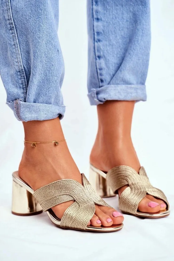 Damskie buty S.Barski Klapki Na Obcasie|Klapki Damskie Klasyczne*Klapki Damskie Na Słupku Wsuwane Złote Guest