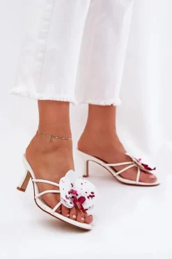 Damskie Boto Klapki Damskie Na Szpilce Ze Sztucznym Kwiatem Białe Reyi