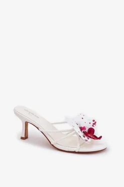 Damskie Boto Klapki Damskie Na Szpilce Ze Sztucznym Kwiatem Białe Reyi