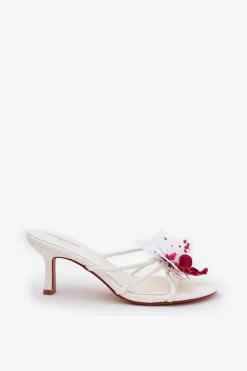 Damskie Boto Klapki Damskie Na Szpilce Ze Sztucznym Kwiatem Białe Reyi