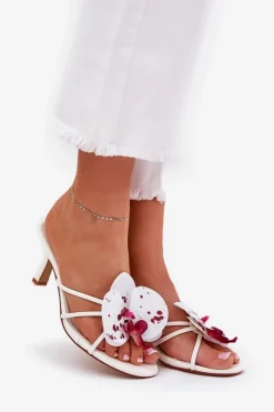 Damskie Boto Klapki Damskie Na Szpilce Ze Sztucznym Kwiatem Białe Reyi