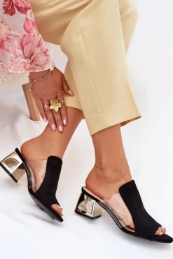 Damskie Boto Klapki Damskie Na Złotym Słupku Czarne Tessira