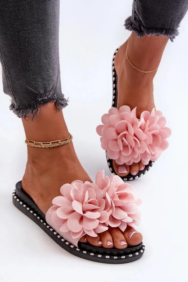 New Boto Klapki Damskie Ozdobione Kwiatami Różowe Cellanen