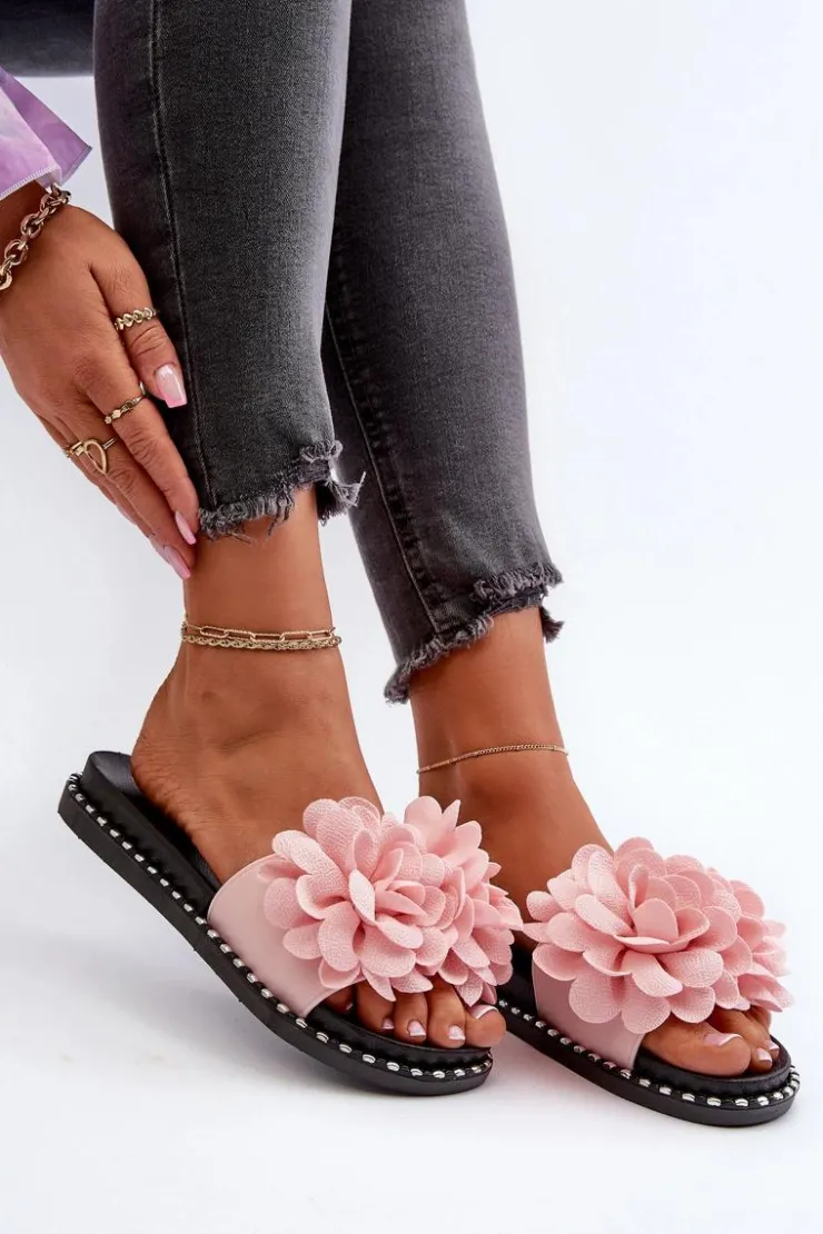 New Boto Klapki Damskie Ozdobione Kwiatami Różowe Cellanen