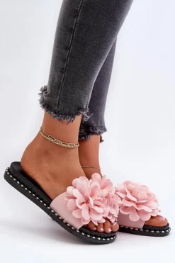 New Boto Klapki Damskie Ozdobione Kwiatami Różowe Cellanen