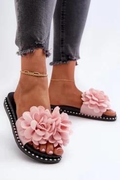 New Boto Klapki Damskie Ozdobione Kwiatami Różowe Cellanen