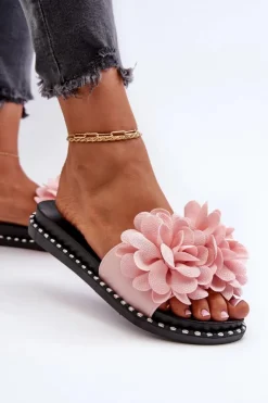 New Boto Klapki Damskie Ozdobione Kwiatami Różowe Cellanen