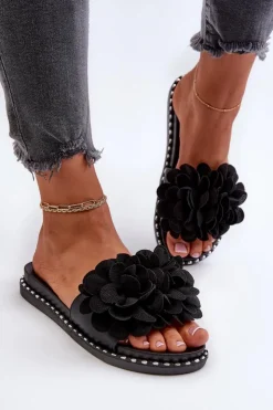 Boto Klapki Damskie Klasyczne*Klapki Damskie Ozdobione Kwiatami Czarne Cellanen