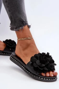 Boto Klapki Damskie Klasyczne*Klapki Damskie Ozdobione Kwiatami Czarne Cellanen