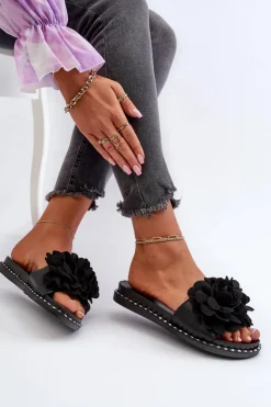 Boto Klapki Damskie Klasyczne*Klapki Damskie Ozdobione Kwiatami Czarne Cellanen