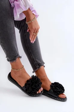 Boto Klapki Damskie Klasyczne*Klapki Damskie Ozdobione Kwiatami Czarne Cellanen