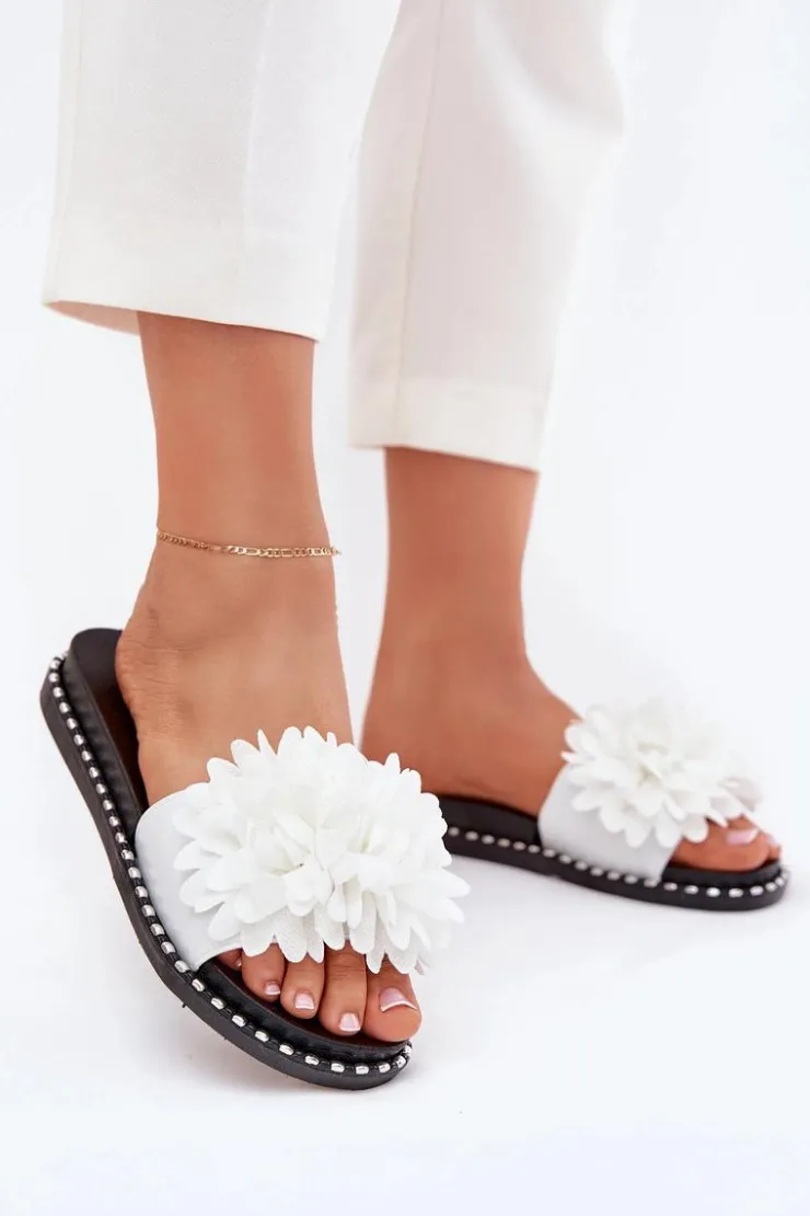 Sale Boto Klapki Damskie Ozdobione Kwiatami Białe Cellanen