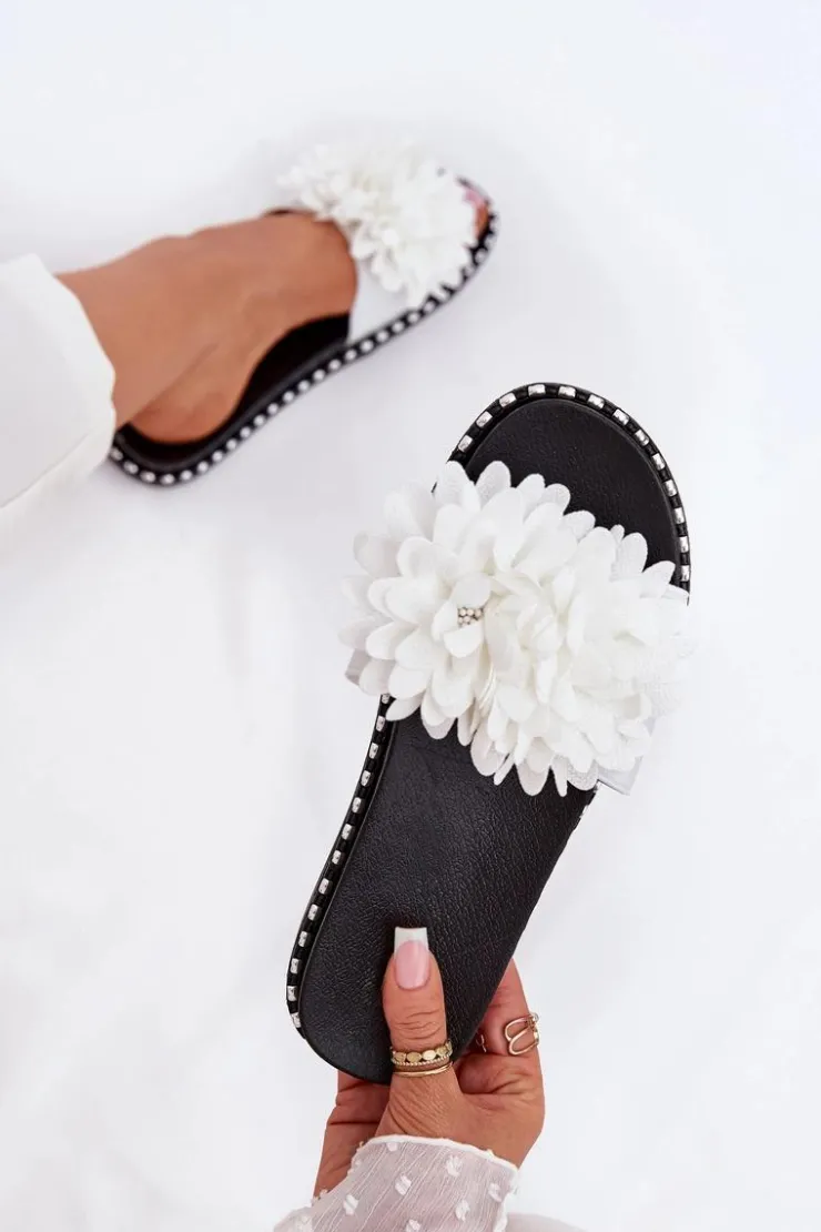 Sale Boto Klapki Damskie Ozdobione Kwiatami Białe Cellanen