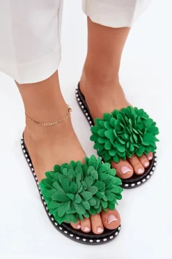 Damskie Boto Klapki Damskie Ozdobione Kwiatami Zielone Cellanen